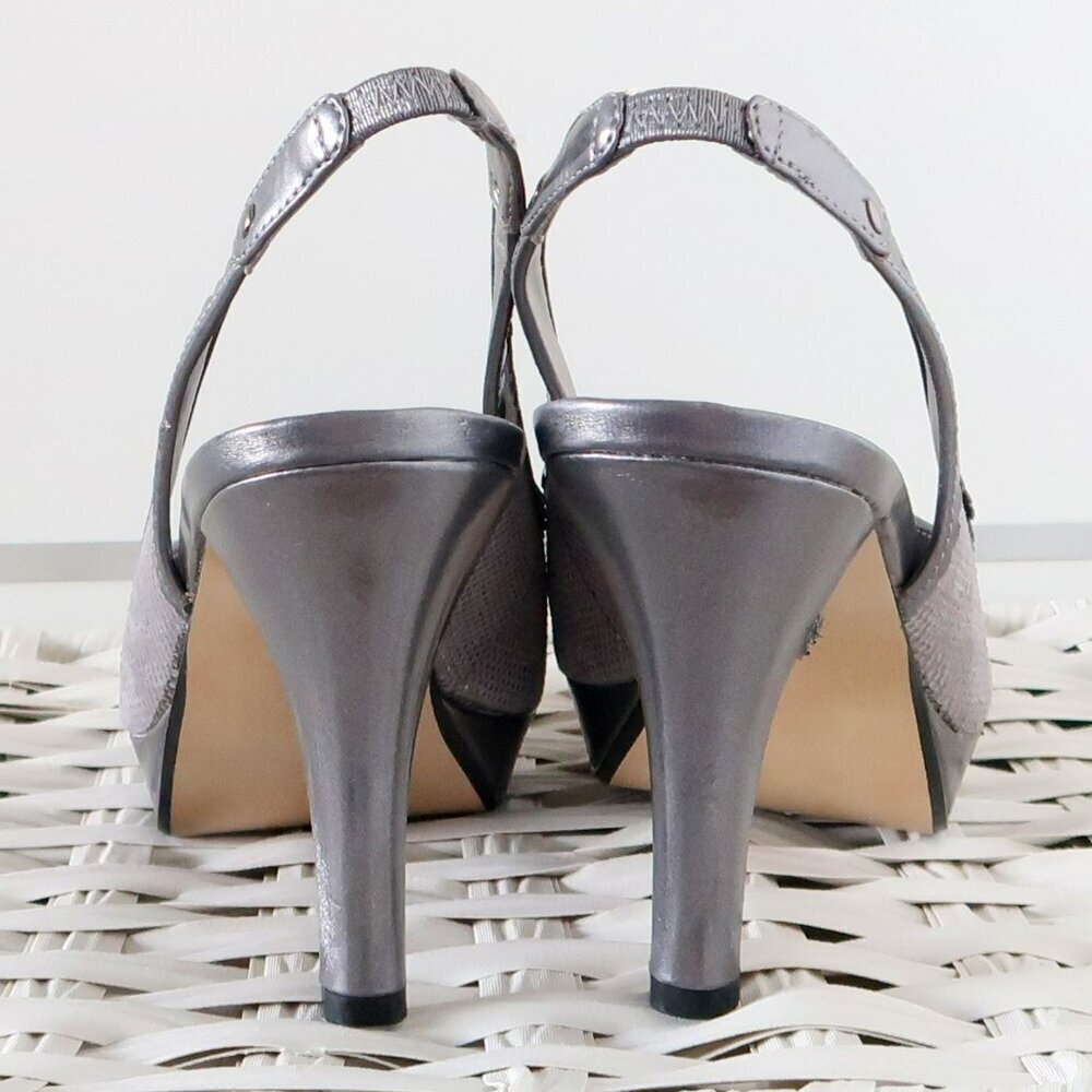 Anne Klein Silver Leather Leather Peep Toe Sling-back Platform Heels Pumps Shoes - Picture 6 of 16